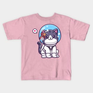 Cute Cat Astronaut Sitting With Fish Cartoon Kids T-Shirt